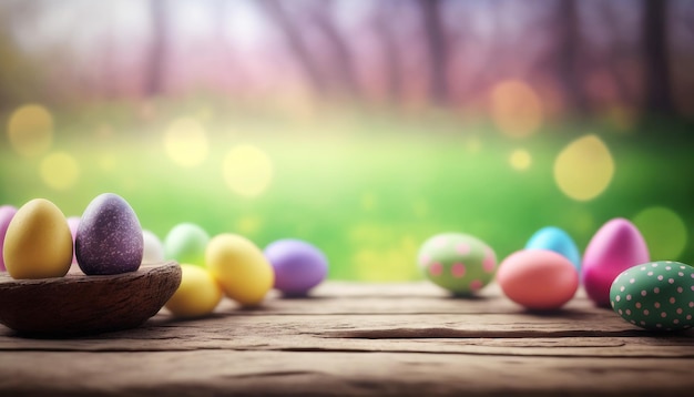 Mesa de exhibición de productos de Pascua con huevos de Pascua y prado de primavera generativo ai