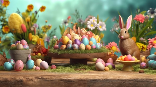 Mesa de exhibición de productos de Pascua con huevos de Pascua y primavera IA generativa