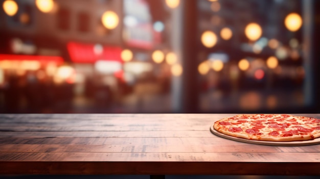 Foto mesa de exhibición de productos vacía con pizzería borrosa