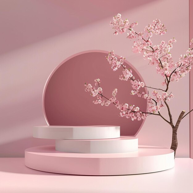 una mesa de exhibición rosa y blanca con un árbol en ella