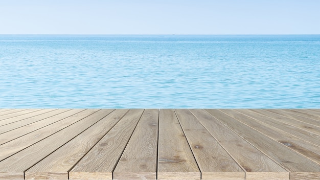 Mesa de exhibición de superficie de madera, fondo de mar, concepto de exhibición de productos de verano.