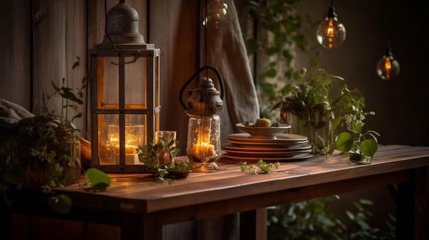 Una mesa con farolillos y una planta encima.