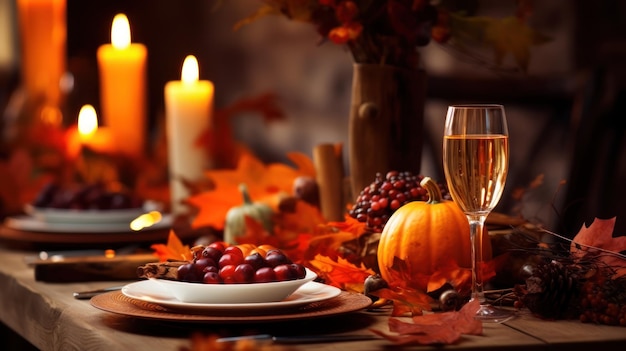 Una mesa festiva de Acción de Gracias con hojas de otoño y velas.