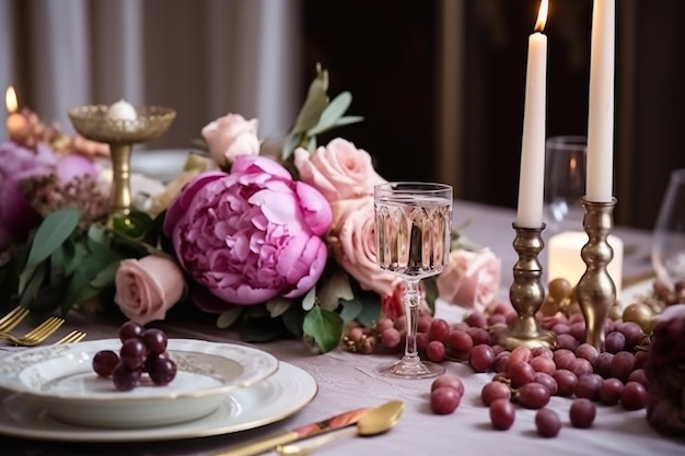 Mesa festiva adornada con flores de peonía