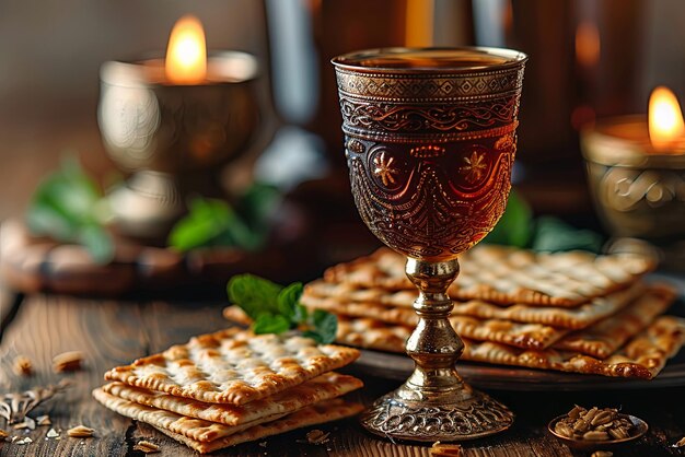 Mesa festiva atada para un seder tradicional de la Pascua con una copa del profeta Elías y matzoh