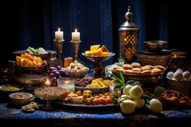 Una mesa festiva cargada de golosinas de celebración durante el Eid al-Fitr