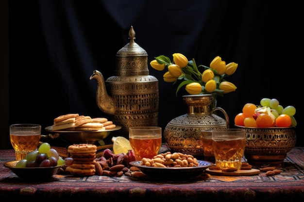 Una mesa festiva cargada de golosinas de celebración durante el Eid al-Fitr