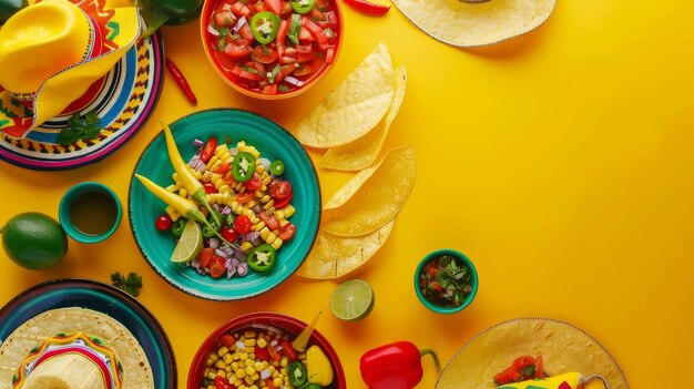 Foto mesa festiva cheia de pratos de comida e tacos