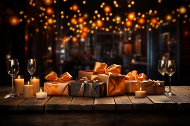 Mesa festiva de madeira Bordas decoradas, configuração de festa em texto editável de pano de fundo laranja vivo