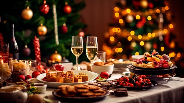 mesa festiva con decoración de Navidad champán y galletas víspera de Año Nuevo