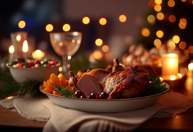 Mesa festiva navideña con primer plano de pato asado en el fondo de luces Generado por IA