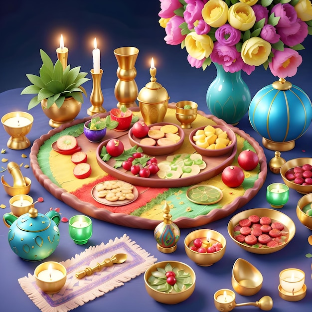 Una mesa festiva de Nowruz que representa los siete artículos simbólicos de las vacaciones AI Generar