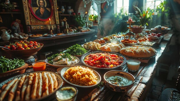 Mesa festiva de Pascua adornada con platos coloridos de comida tradicional de Cuaresma con un icono ornamentado mostrado en el fondo que irradia luz divina generada por la IA