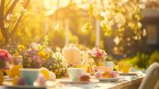 mesa festiva de Pascua para el brunch familiar al aire libre en el jardín