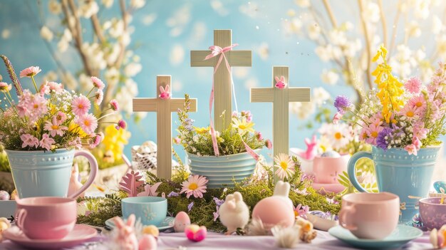 Mesa festiva de Pascua con centro floral y decoración temática