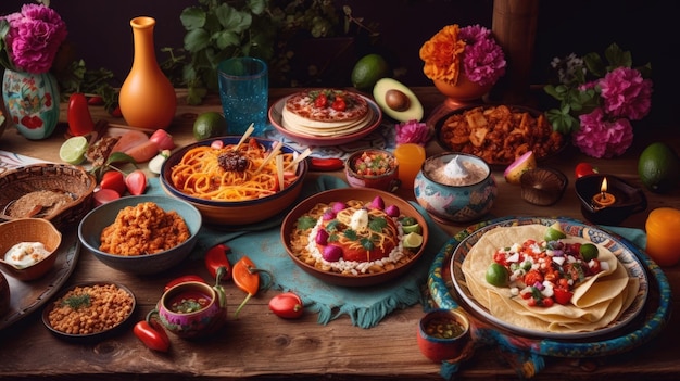 Mesa festiva con platos apetitosos en la festividad del cinco de mayo.