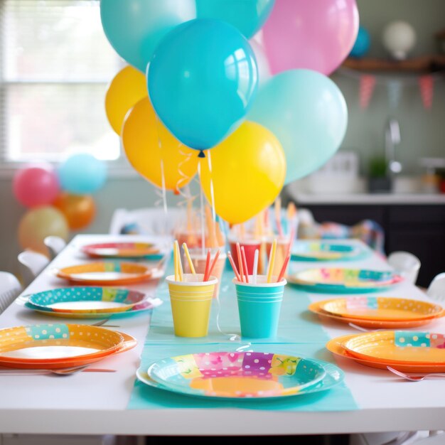 mesa festiva con platos coloridos y globos listos para una fiesta de cumpleaños divertida y animada