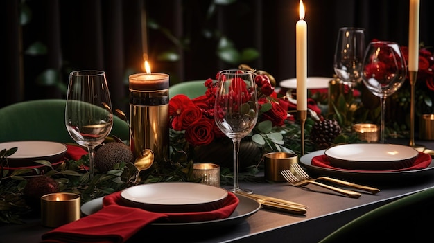 Mesa festiva con platos, velas y ramo floral Mesa para banquete en restaurante de lujo