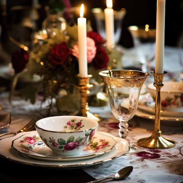 Mesa festiva con porcelana fina y velas.