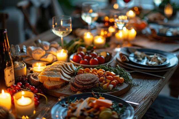 Una mesa festiva de Purim generosamente extendida con cocina tradicional y vino iluminada por la suave luz de las velas creando una atmósfera cálida y alegre para la reunión