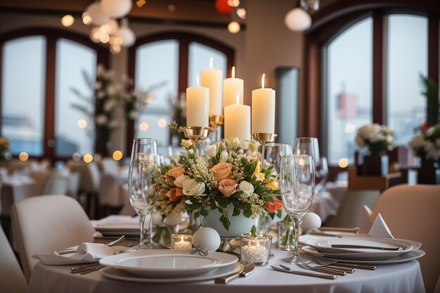 La mesa festiva del restaurante está decorada con velas y flores.