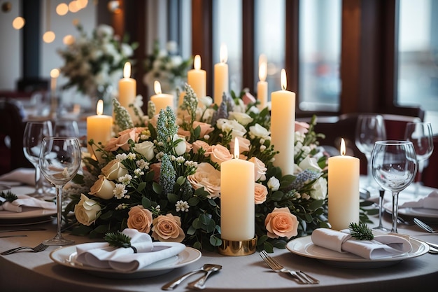 La mesa festiva del restaurante está decorada con velas y flores.