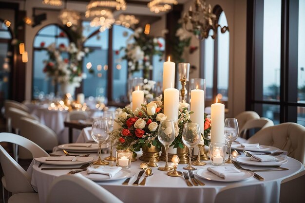 La mesa festiva del restaurante está decorada con velas y flores.