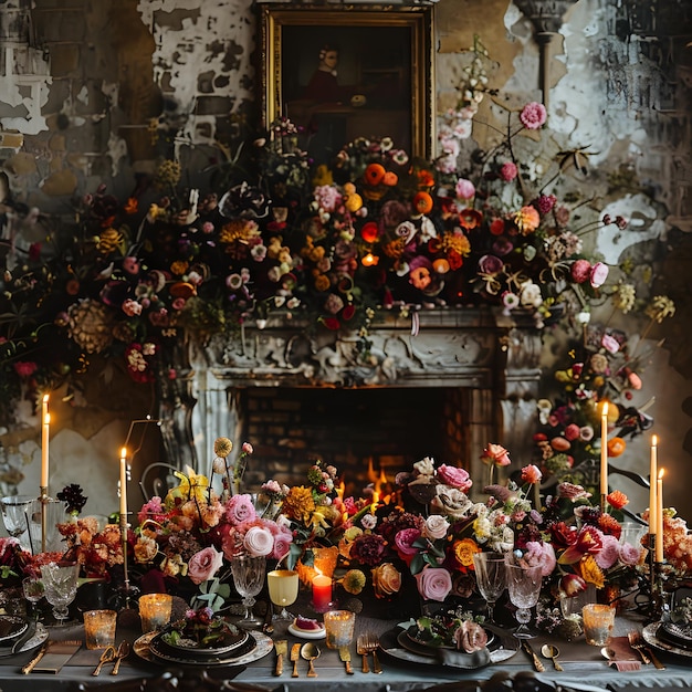 Una mesa festiva con velas, flores y platos frente a una chimenea