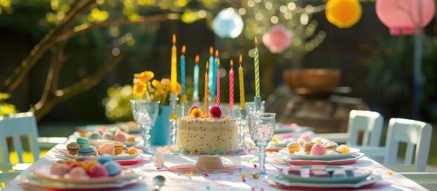 Foto la mesa de la fiesta de cumpleaños de los niños establecida en el jardín completa con un pastel adornado con velas