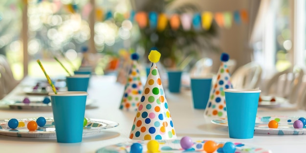 Una mesa de fiesta de cumpleaños con platos, tazas y sombreros de fiesta