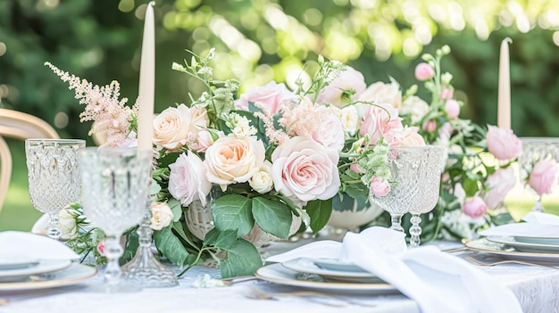 Mesa de fiesta de jardín elegancia del paisaje con decoración de mesa floral