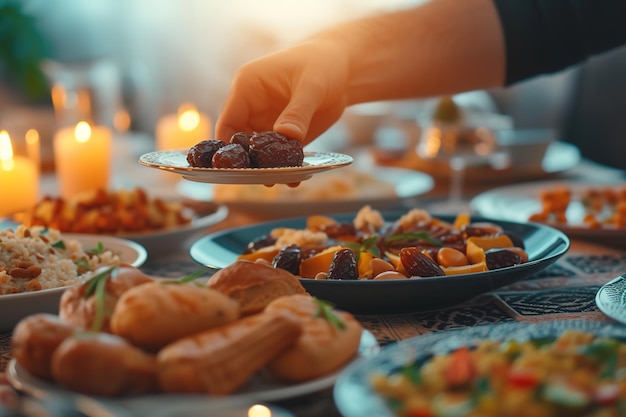 Mesa de fiesta de Ramadán con plato de dátiles