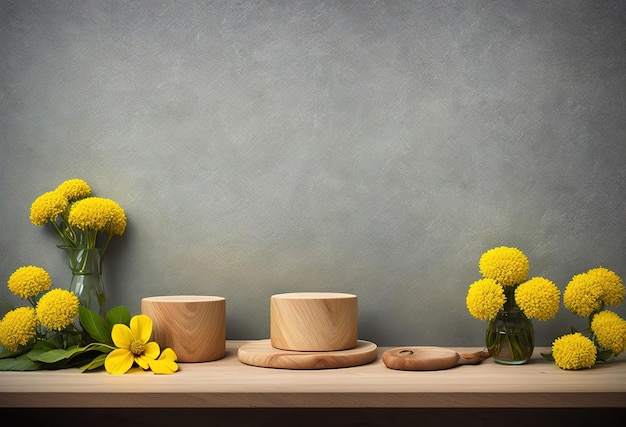 Una mesa con flores amarillas y un jarrón con flores.