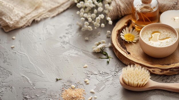 una mesa con flores y una botella de perfume