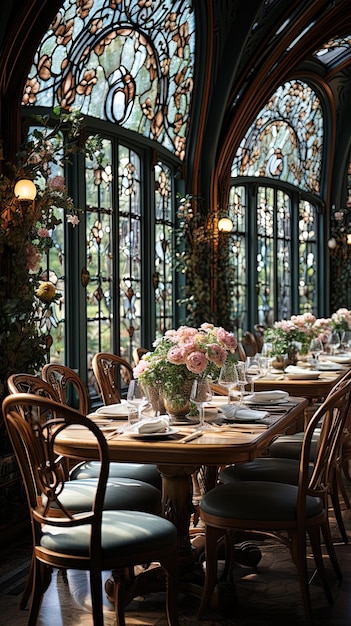 una mesa con flores en ella y un jarrón de flores en ella