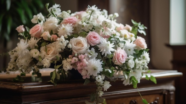 Una mesa con flores encima