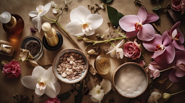 Una mesa con flores y un frasco de perfume.