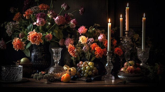 Una mesa con flores y frutas y un jarrón con flores y una vela.