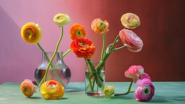 Una mesa con flores y un jarrón con flores.