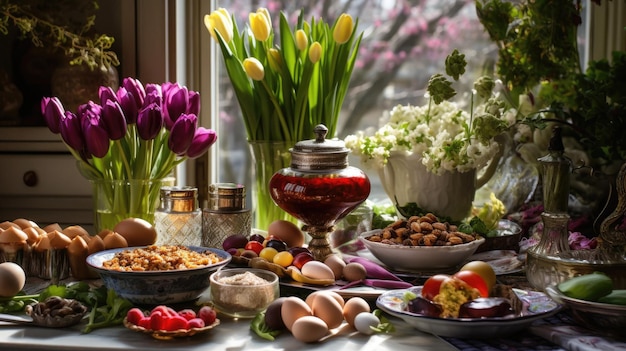 una mesa con flores y un jarrón de tulipanes