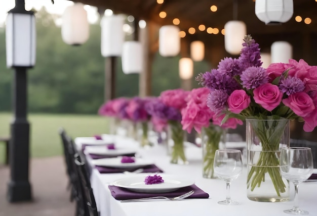 una mesa con flores púrpuras y velas en ella