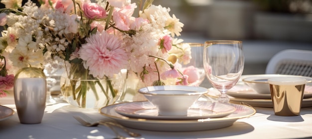 una mesa con flores rosadas y blancas, platos de plata y vasos de champán