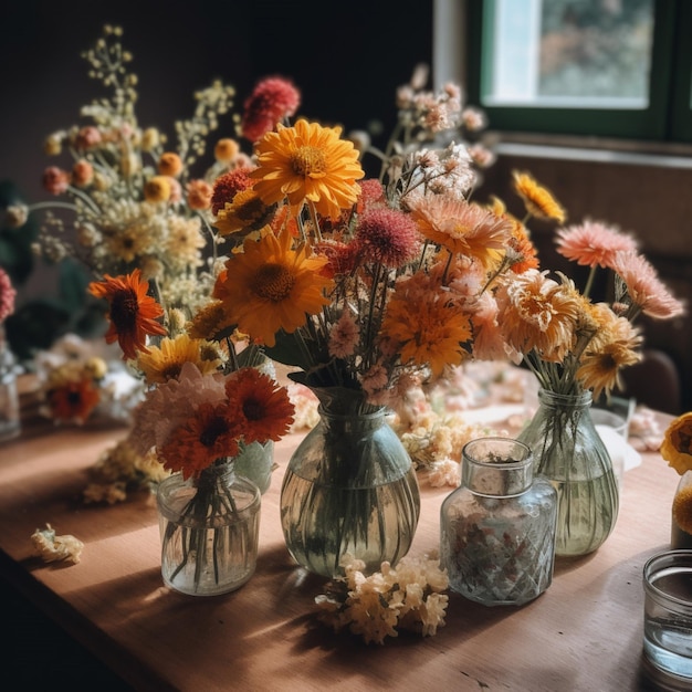 Una mesa con flores y una vela sobre la mesa.