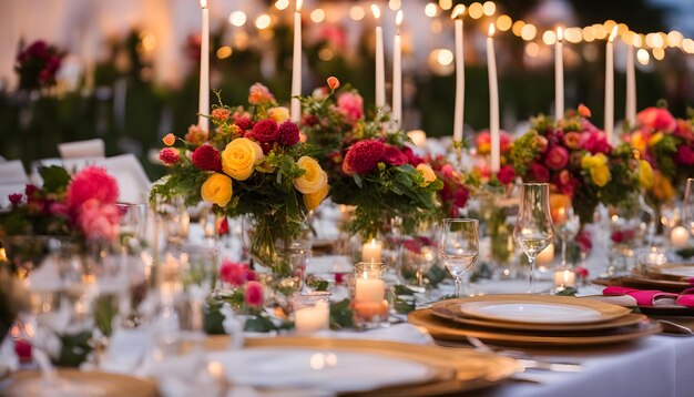 Foto una mesa con flores y velas en ella