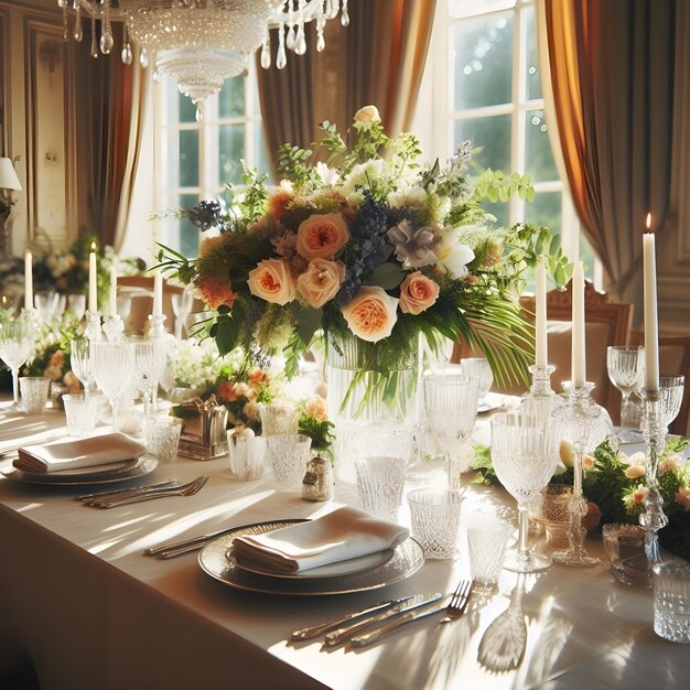 una mesa con flores y velas en ella