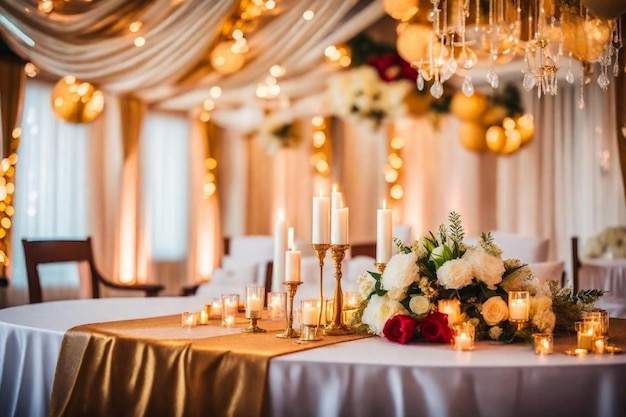 una mesa con flores y velas y flores en ella