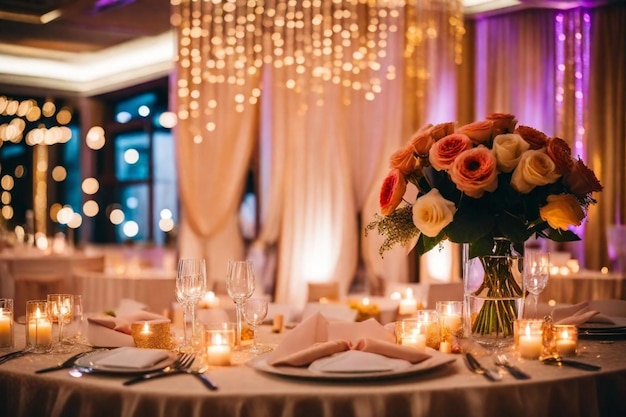 una mesa con flores y velas y velas en ella