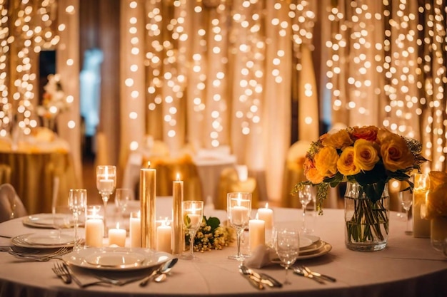 una mesa con flores y velas y velas en ella