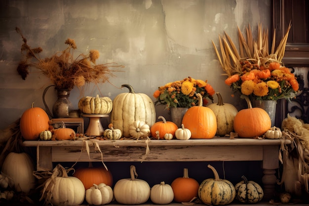 Una Mesa Con Un Fondo De Colores De Otoño Con Calabaza 02