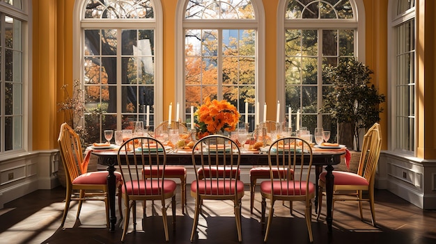 Mesa formal de Acción de Gracias y sillas chavari en la cena de vacaciones del grupo familiar de otoño Generative Ai